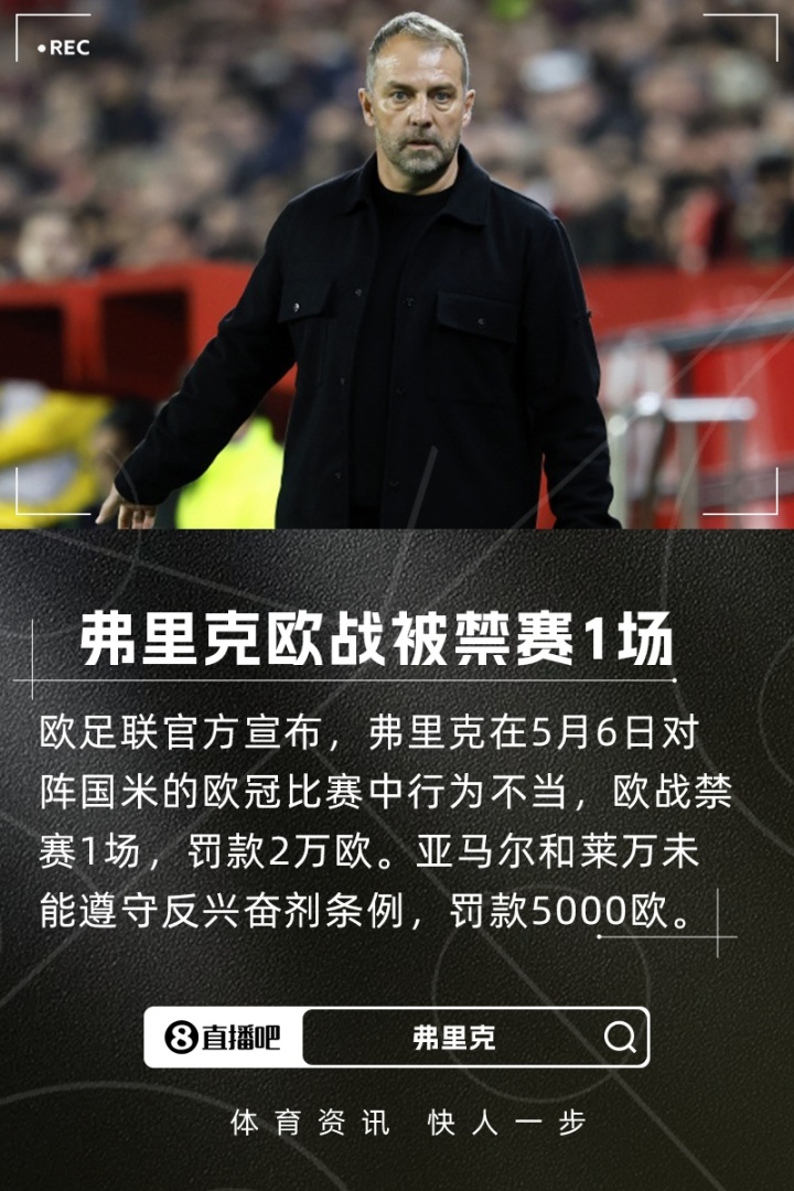 欧足联官方：弗里克行为不当欧战禁赛1场，亚马尔&莱万罚款5000欧